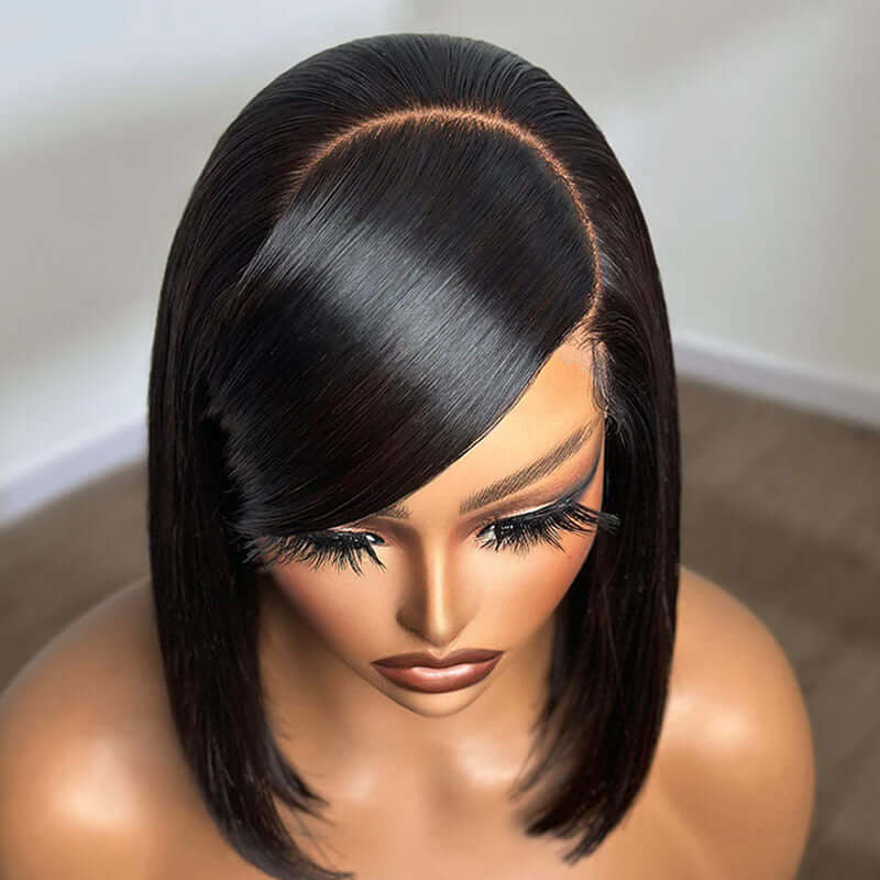 QVR Swoop Bangs Silky Straight Glueless 5x5 Closure  Deep Left C Part Lace Bob Wig - Image 5