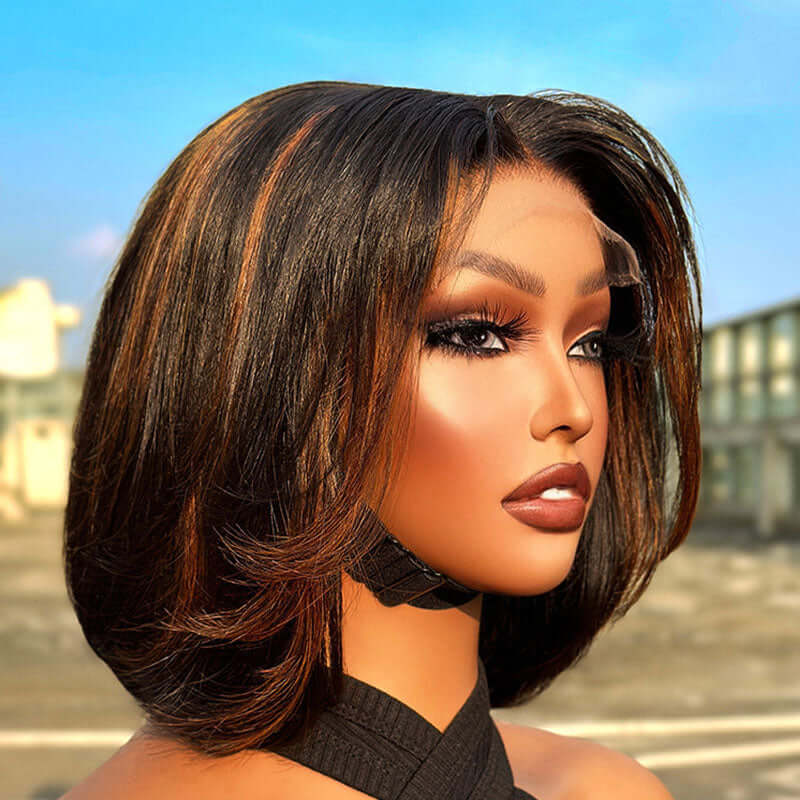 QVR Swoopy Layers Trim 5x5 Closure Stacked Bob Wig Brown Highlights Human Hair - Image 3