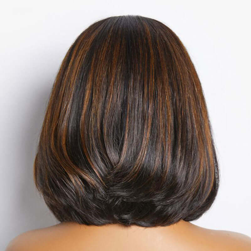 QVR Swoopy Layers Trim 5x5 Closure Stacked Bob Wig Brown Highlights Human Hair - Image 4