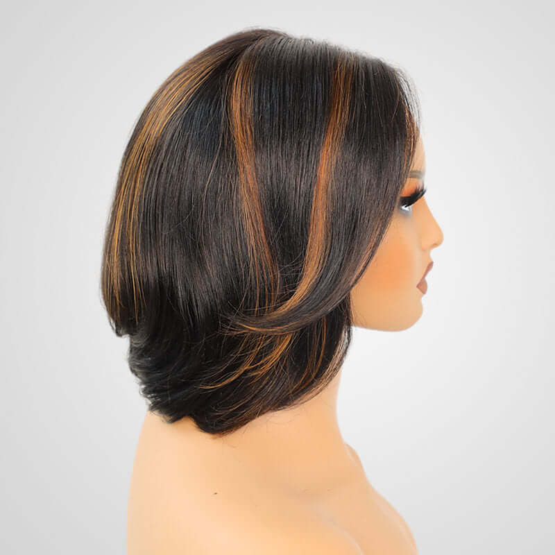QVR Swoopy Layers Trim 5x5 Closure Stacked Bob Wig Brown Highlights Human Hair - Image 5