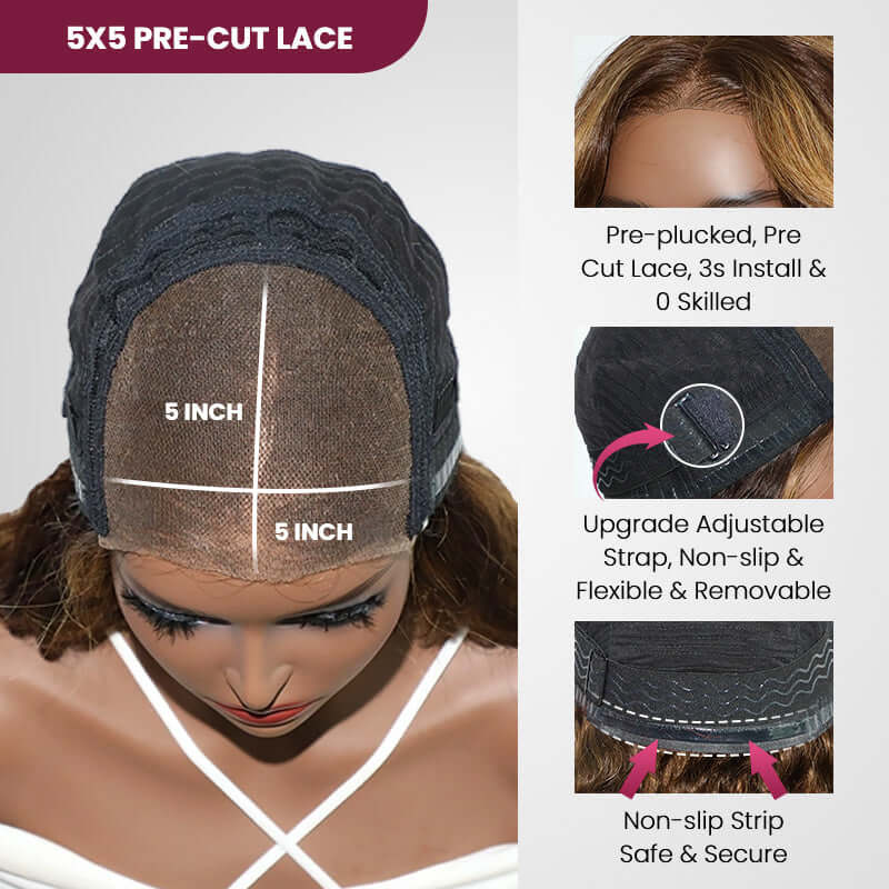 QVR Swoopy Layers Trim 5x5 Closure Stacked Bob Wig Brown Highlights Human Hair - Image 6