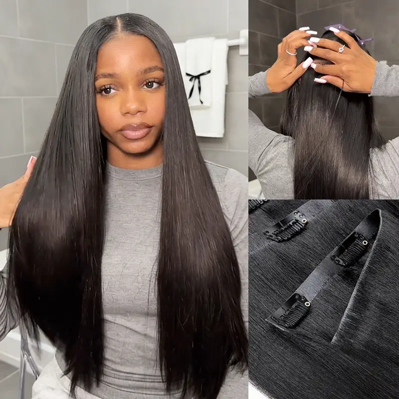 QVR Upgraded Invisible Edge 9PCS PU Clip Ins Extensions 5PCS Volumizer Natural Straight Seamless Clip In Human Hair
