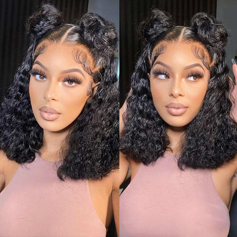 QVR Water Wave Glueless 13x4/4x4 Lace Frontal Short Bob Wigs Natural Black Blend Perfectly Wig - Image 2