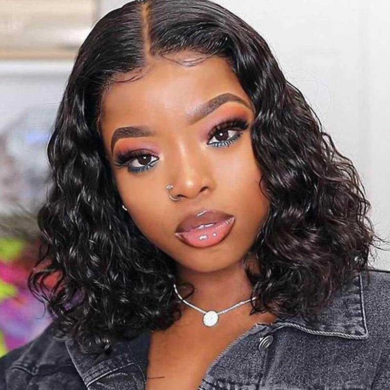 QVR Water Wave Glueless 13x4/4x4 Lace Frontal Short Bob Wigs Natural Black Blend Perfectly Wig - Image 3