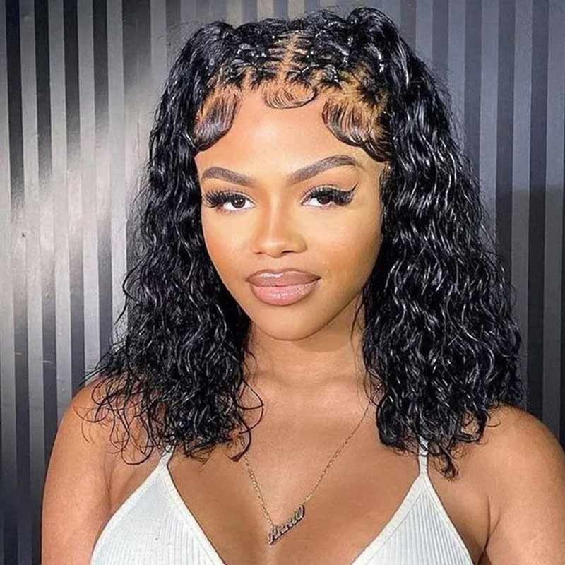 QVR Water Wave Glueless 13x4/4x4 Lace Frontal Short Bob Wigs Natural Black Blend Perfectly Wig - Image 8