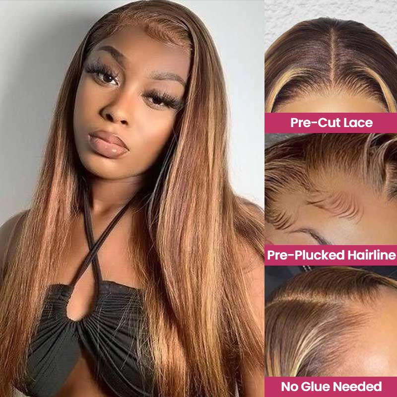 QVR Gluless Pre-cut 13x4 HD Lace Frontal Human Hair Wigs Straight Piano Highlight Brown Wear & Go Wigs - Image 4