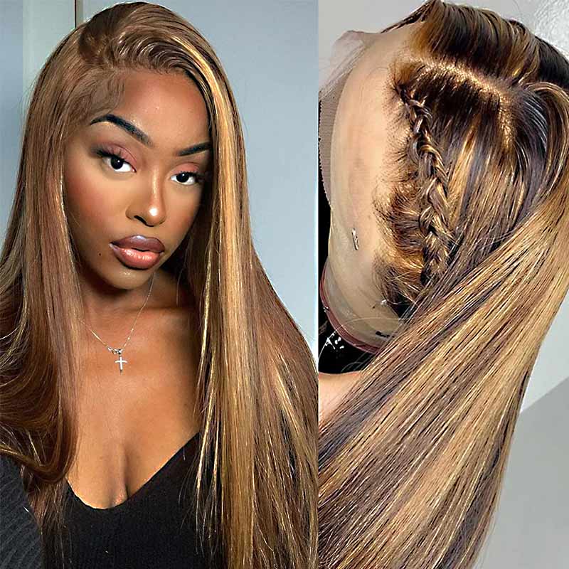 QVR Gluless Pre-cut 13x4 HD Lace Frontal Human Hair Wigs Straight Piano Highlight Brown Wear & Go Wigs - Image 5