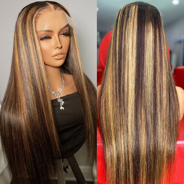 QVR Gluless Pre-cut 13x4 HD Lace Frontal Human Hair Wigs Straight Piano Highlight Brown Wear & Go Wigs - Image 6