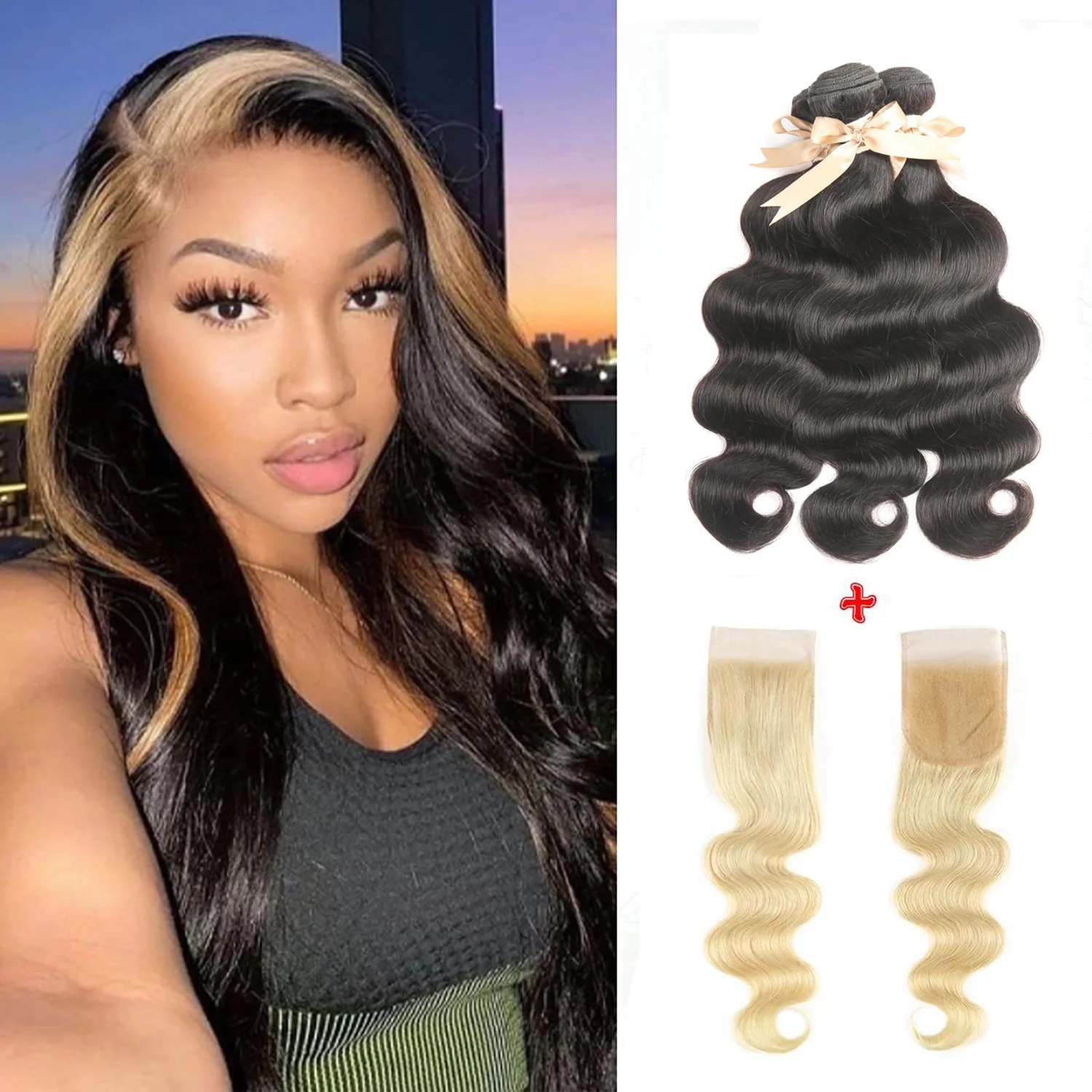 Skunk Stripe Human Hair 3 Bundles with Closure Virgin Human Hair Weave Blonde Closure And Black Hair Bundles Style