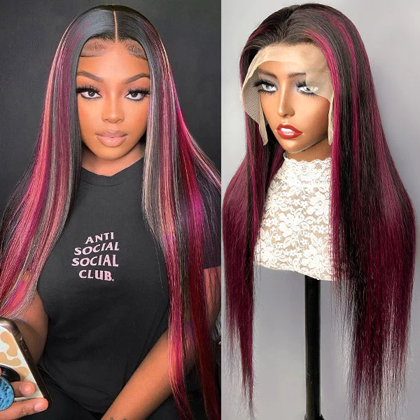 Highlight 13x4 Transparent Lace Front Wigs Straight Hair 4x4 Lace Front Wigs Mix Colored Wigs - Image 2