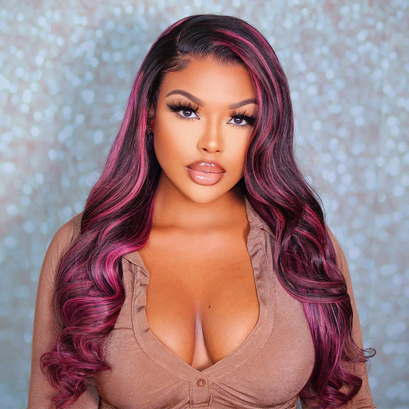 Lace Front Wig Black Hair With Purple Highlights Straight/Body Wave Human Hair Wigs
