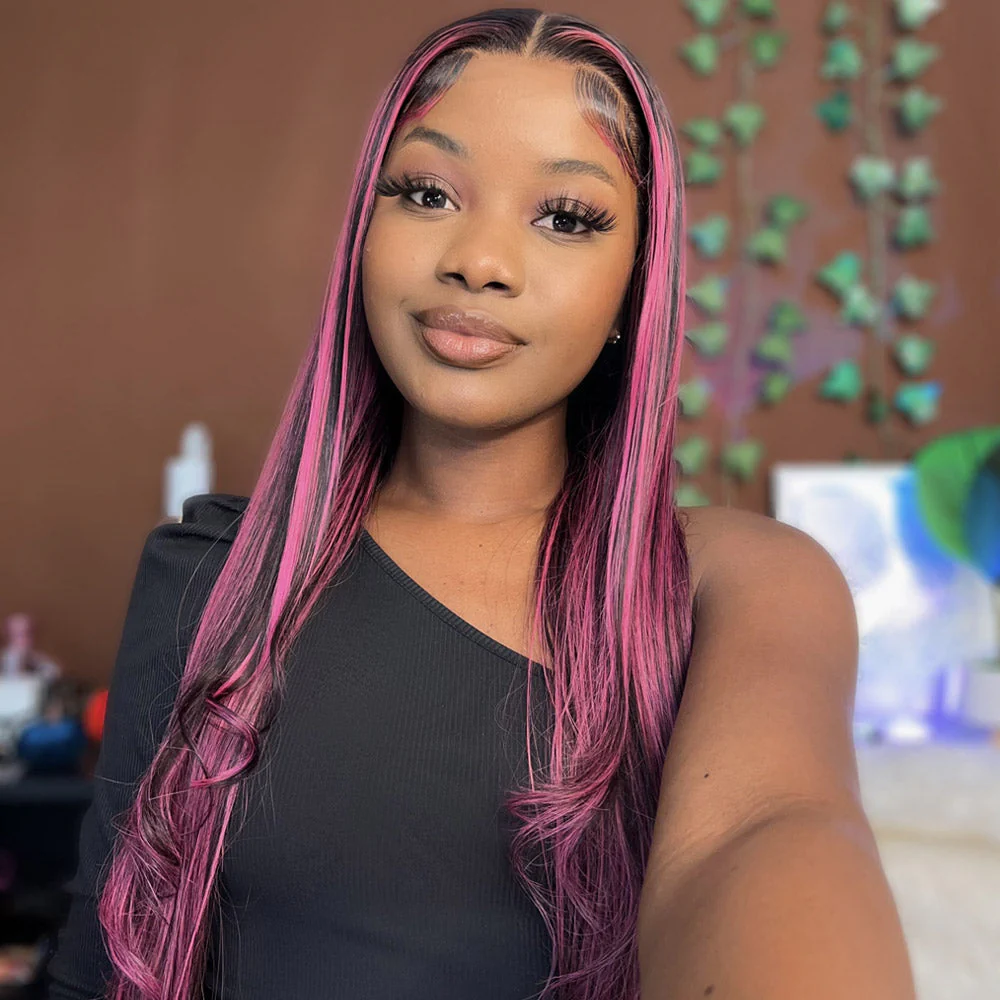 Lace Front Wig Black Hair With Purple Highlights Straight/Body Wave Human Hair Wigs - Image 10