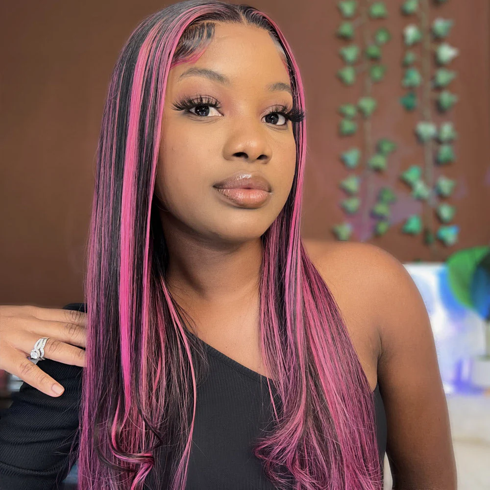 Lace Front Wig Black Hair With Purple Highlights Straight/Body Wave Human Hair Wigs - Image 11
