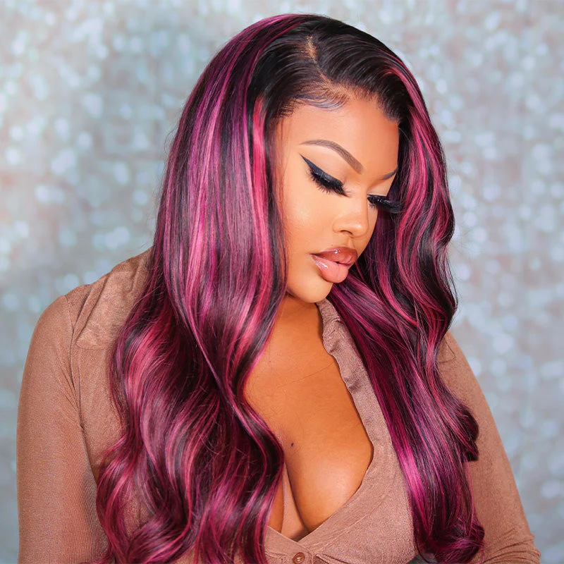 Lace Front Wig Black Hair With Purple Highlights Straight/Body Wave Human Hair Wigs - Image 2