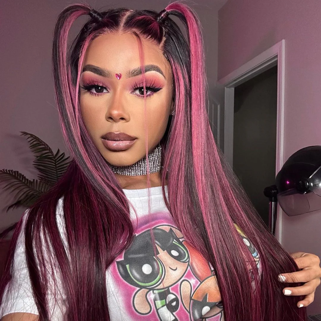 Lace Front Wig Black Hair With Purple Highlights Straight/Body Wave Human Hair Wigs - Image 3
