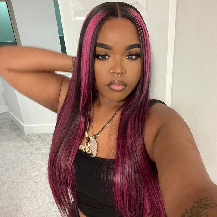 Lace Front Wig Black Hair With Purple Highlights Straight/Body Wave Human Hair Wigs - Image 4