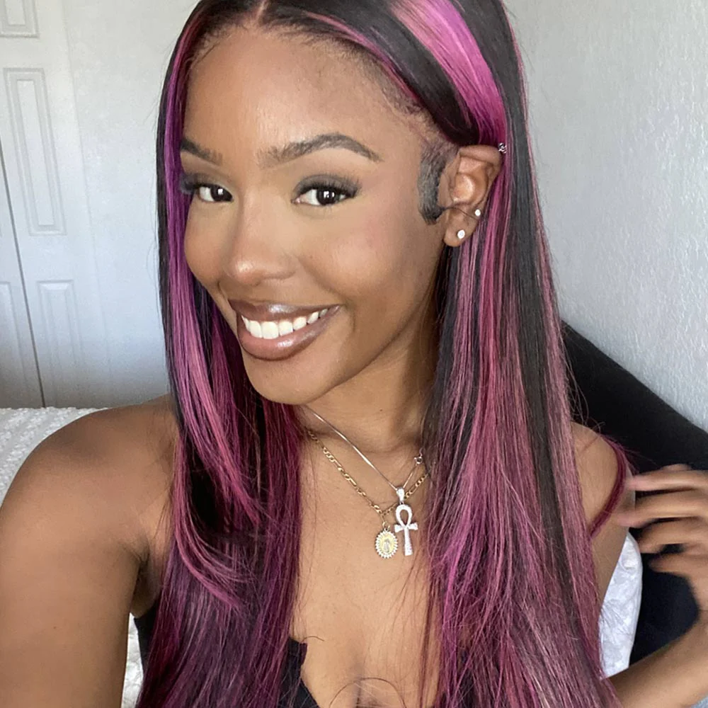 Lace Front Wig Black Hair With Purple Highlights Straight/Body Wave Human Hair Wigs - Image 6