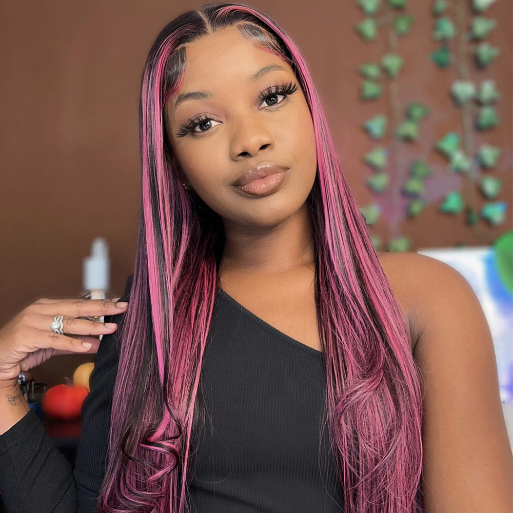 Lace Front Wig Black Hair With Purple Highlights Straight/Body Wave Human Hair Wigs - Image 9