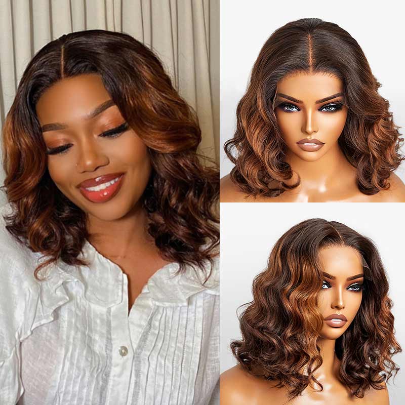 BOGO|Straight Ombre Brown Blunt Cut 4x4 Short Bob Wigs - Image 4