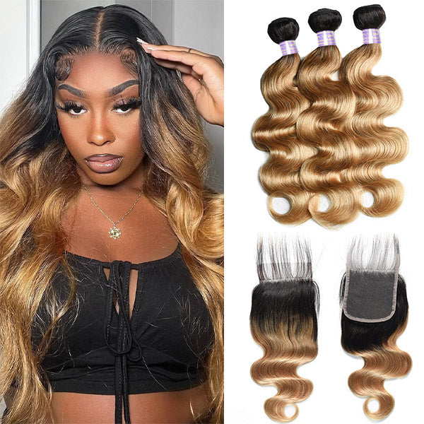 T1B/27 Honey Blonde Color Brazilian Body Wave Hair 3 Bundles With 4x4 Lace Closure Human Hair Weave