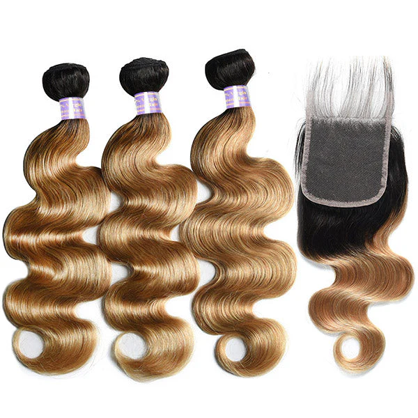 T1B/27 Honey Blonde Color Brazilian Body Wave Hair 3 Bundles With 4x4 Lace Closure Human Hair Weave - Image 2