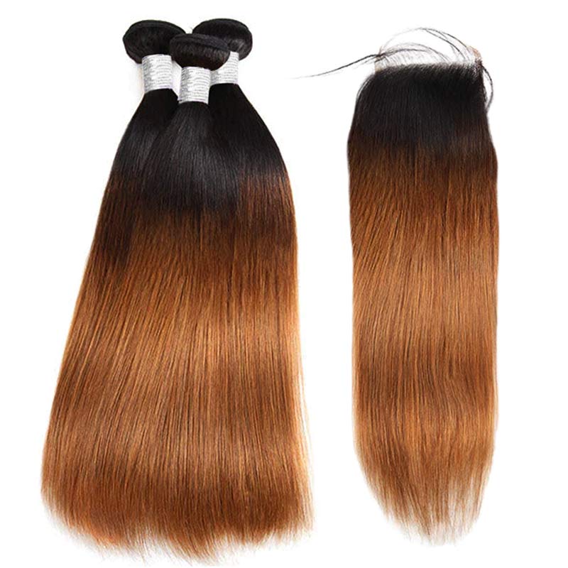 T1B/30 Ombre Brown Color Brazilian Straight Hair 3 Bundles With 4x4 Lace Closure Human Hair Extensions - Image 2