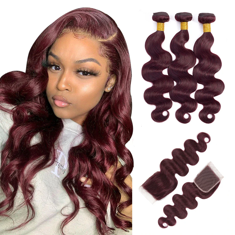 QVR Body Wave Bundles With Closure Remy Brazilian Human Hair Burgundy 99J Dyed 3 Bundles With 4x4 Closure
