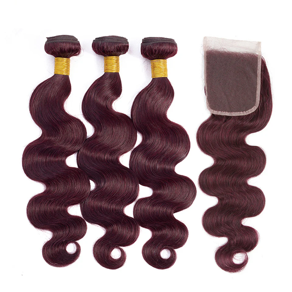 QVR Body Wave Bundles With Closure Remy Brazilian Human Hair Burgundy 99J Dyed 3 Bundles With 4x4 Closure - Image 2