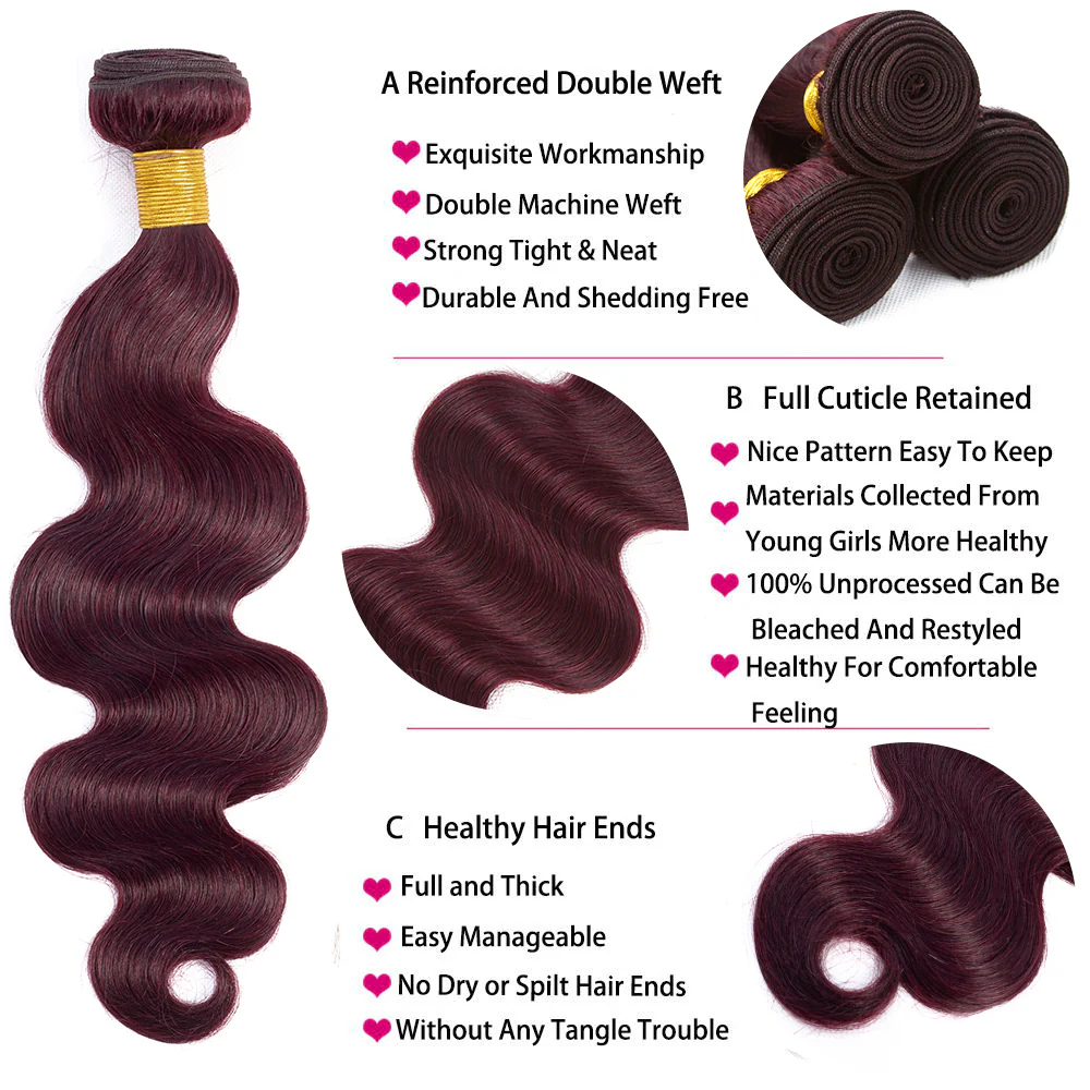 QVR Body Wave Bundles With Closure Remy Brazilian Human Hair Burgundy 99J Dyed 3 Bundles With 4x4 Closure - Image 6