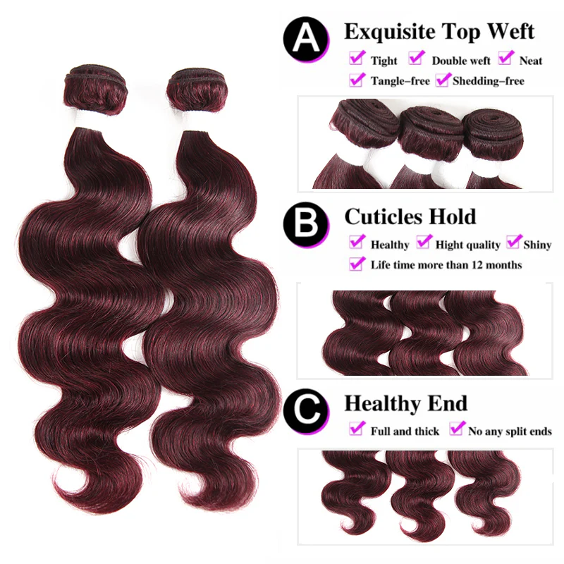 QVR Body Wave Bundles With Closure Remy Brazilian Human Hair Burgundy 99J Dyed 3 Bundles With 4x4 Closure - Image 7