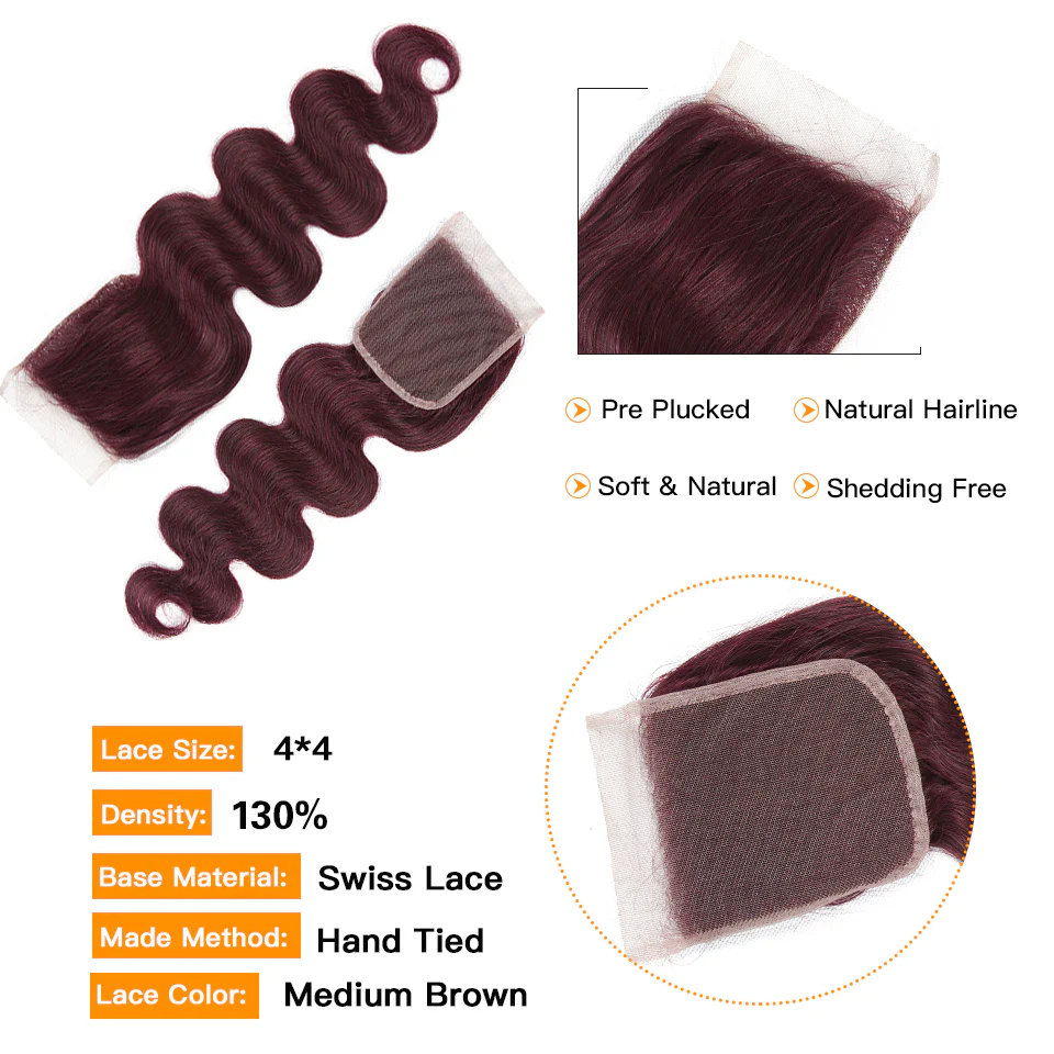 QVR Body Wave Bundles With Closure Remy Brazilian Human Hair Burgundy 99J Dyed 3 Bundles With 4x4 Closure - Image 8