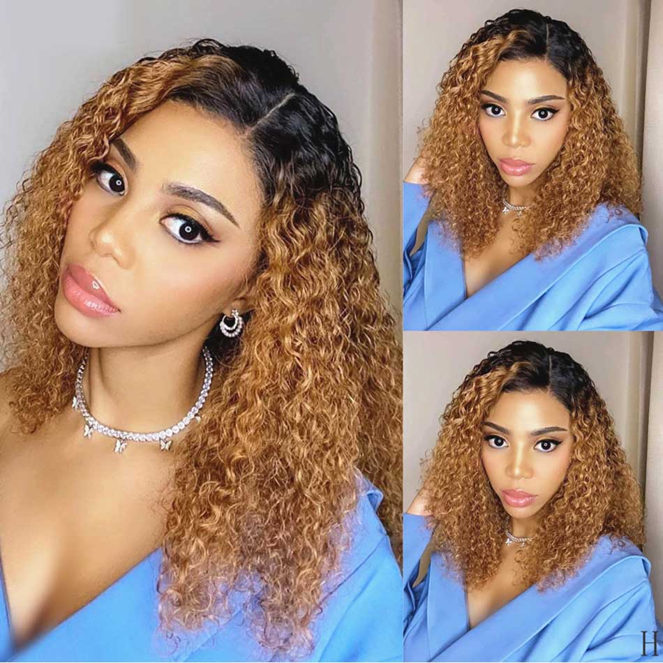QVR Ombre 1B/30 Curly Brazilian Human Hair Wigs 13x4/4x4 Lace Frontal Short Bob Wig - Image 2