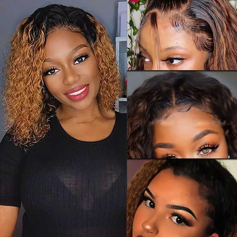 QVR Ombre 1B/30 Curly Brazilian Human Hair Wigs 13x4/4x4 Lace Frontal Short Bob Wig - Image 3