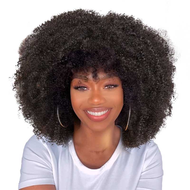 QVR Wear&Go Afro Curly No Lace Glueless Short Machine Made Wig With Bangs 100% Human Hair - Image 4