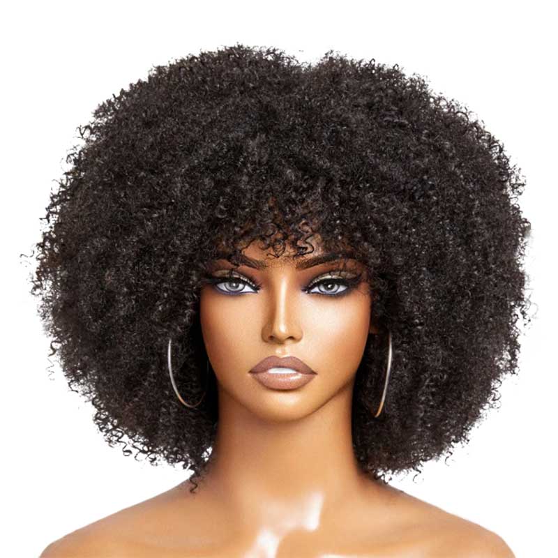 QVR Wear&Go Afro Curly No Lace Glueless Short Machine Made Wig With Bangs 100% Human Hair - Image 5