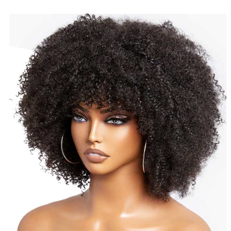 QVR Wear&Go Afro Curly No Lace Glueless Short Machine Made Wig With Bangs 100% Human Hair - Image 6