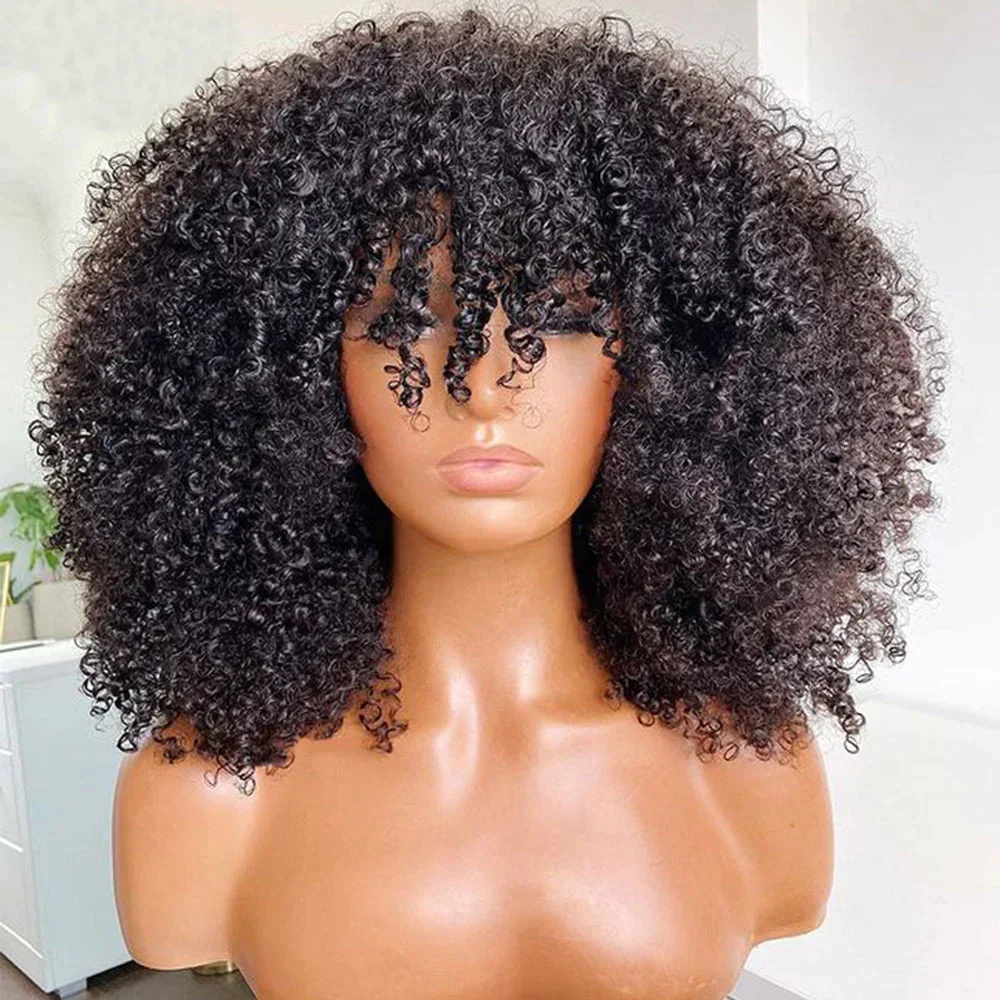 QVR Wear&Go Afro Curly No Lace Glueless Short Machine Made Wig With Bangs 100% Human Hair - Image 9