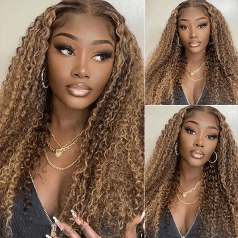 QVR Glueless Pre-cut 4x6 HD Lace Closure Human Hair Wigs Kinky Curly Piano Highlights Color Wear Go Wig - Image 3