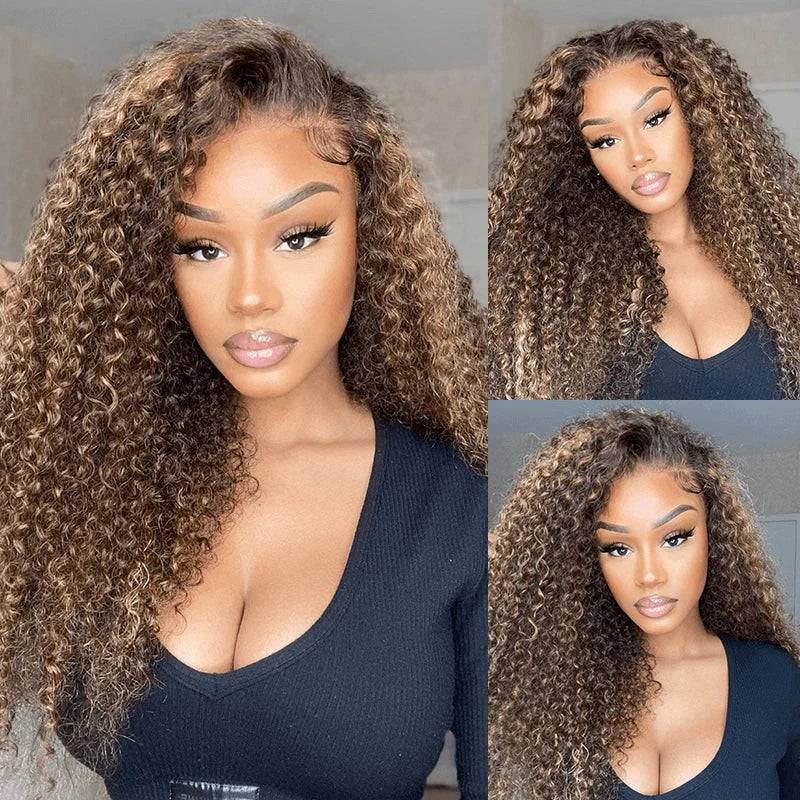 QVR Glueless Pre-cut 4x6 HD Lace Closure Human Hair Wigs Kinky Curly Piano Highlights Color Wear Go Wig - Image 4